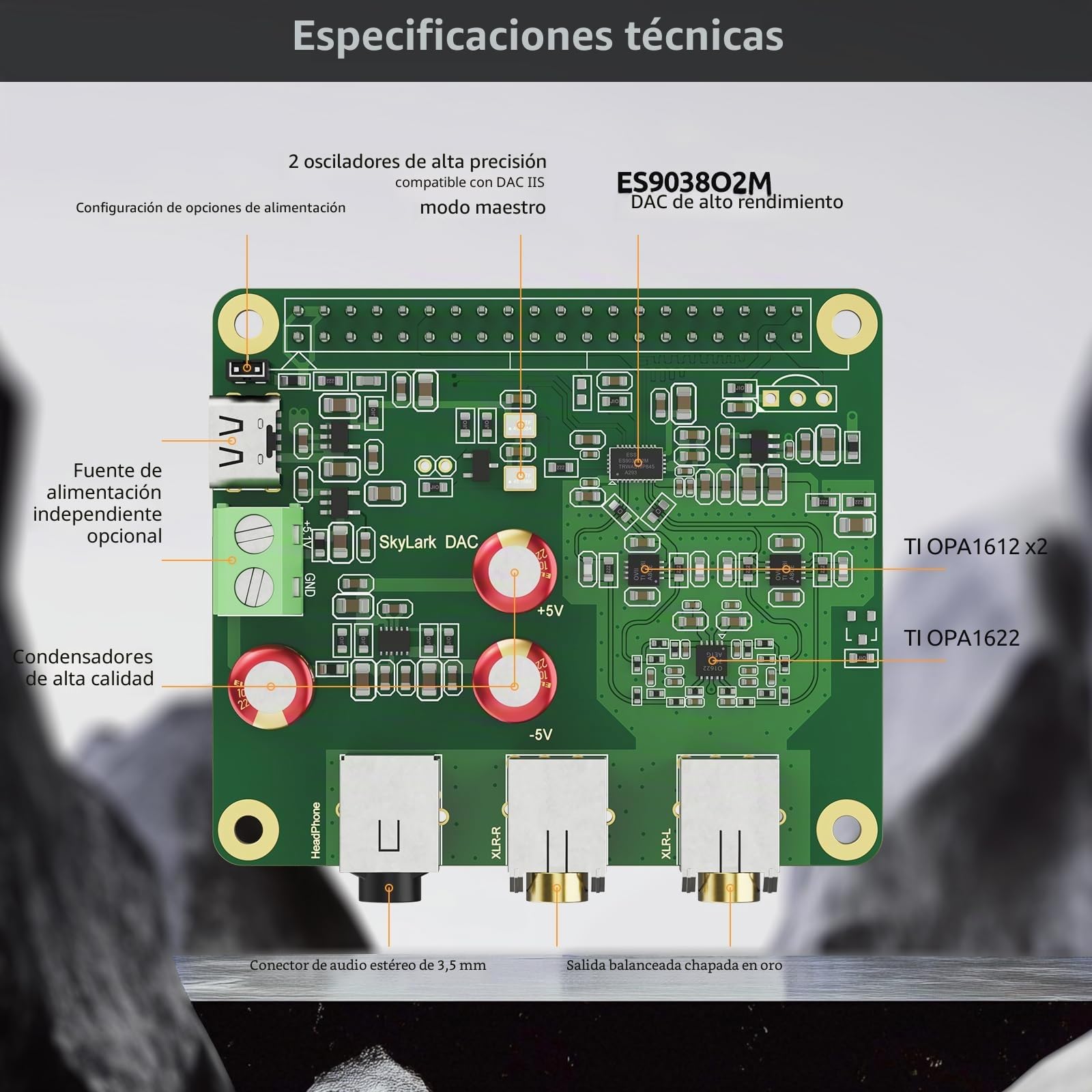 InnoMaker HiFi DAC Pro Hat con ES9038Q2M para Raspberry Pi 5/4/3B+/3B/Zero - Tarjeta de Audio 384kHz/32bit y DSD512, DAC para Volumio/Moode, Salida Auriculares y Balanceada