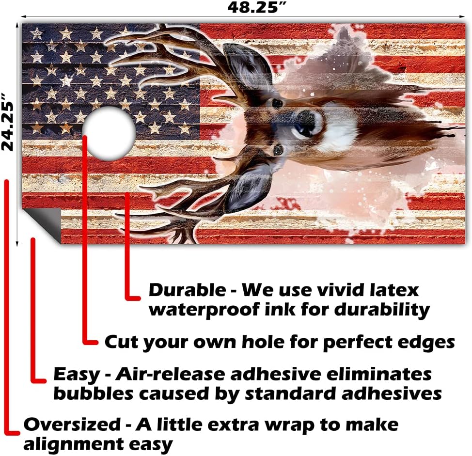 Lone Star Art Cornhole Wraps for Boards – Set of 2 Deer and American Flag Vinyl Decals, Bean Bag Toss Cornhole Skins and Stickers, Outdoor Game Board Wraps (Boards Not Included), 25+ Design Options