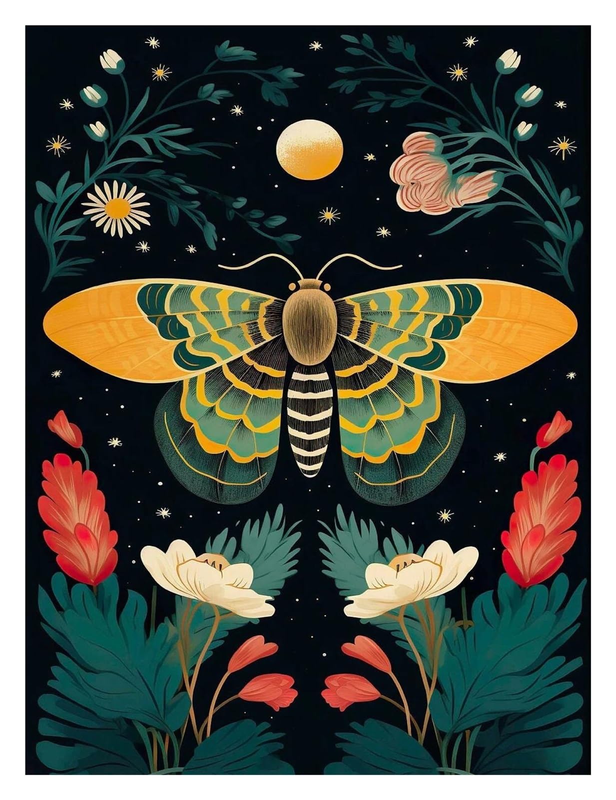 Xenite V Wall Art Canvas Prints Boho Floral Dark Academia Blue Moth Black Butterfly Poster Prints Canvas Painting Botanical Wall Art Pictures Home Decoration(,50X70cm)