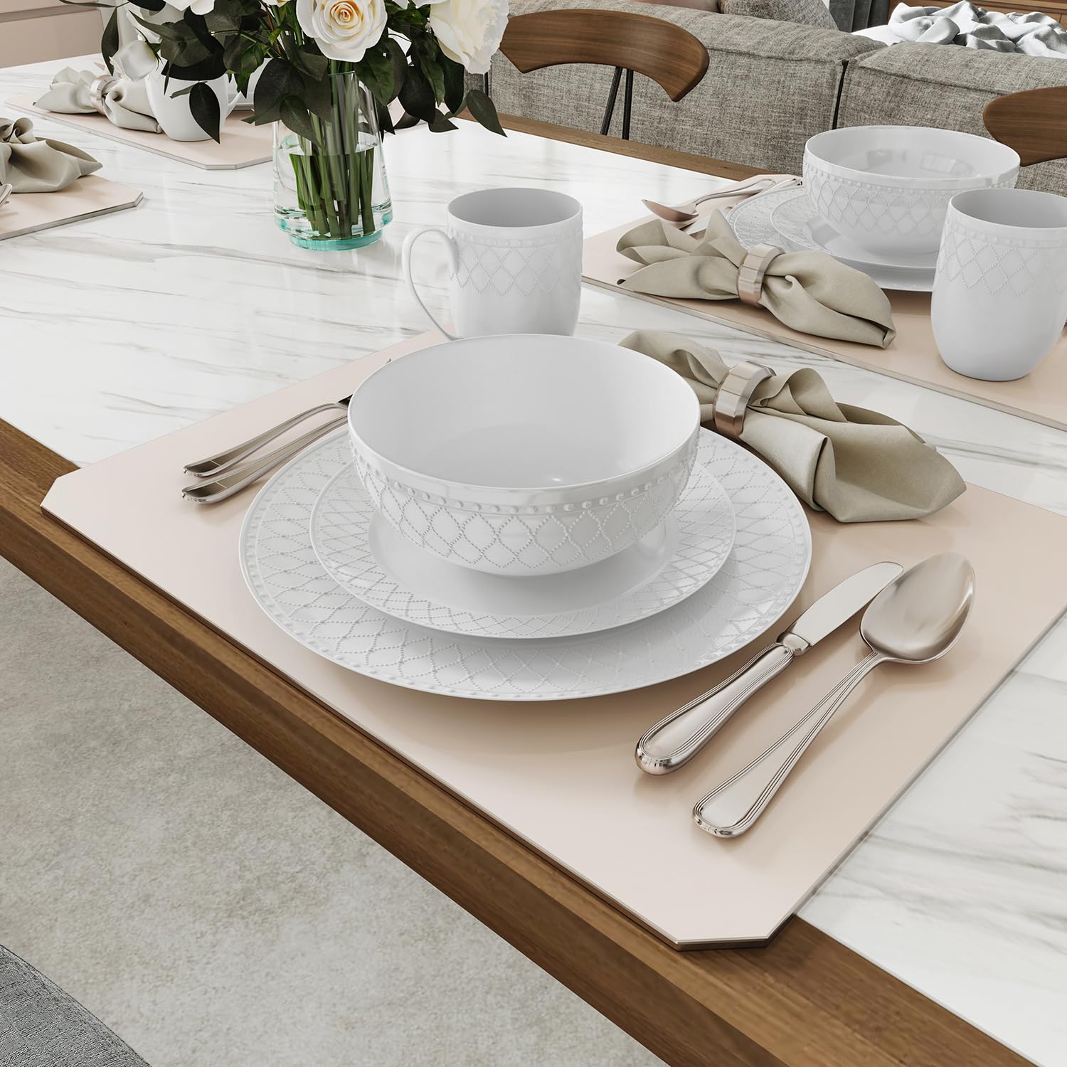 Yoshy 16-Piece White Embossed Mesh Bone China Dinnerware with Lightweight Durable Chip Resistant Design Service for 4