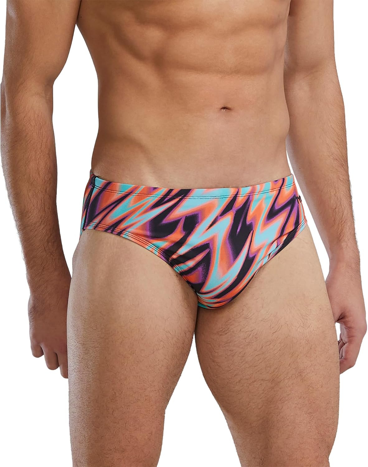 TYR Men's Durafast Elite Racer Brief Swimsuit, Orange/Multi, 30