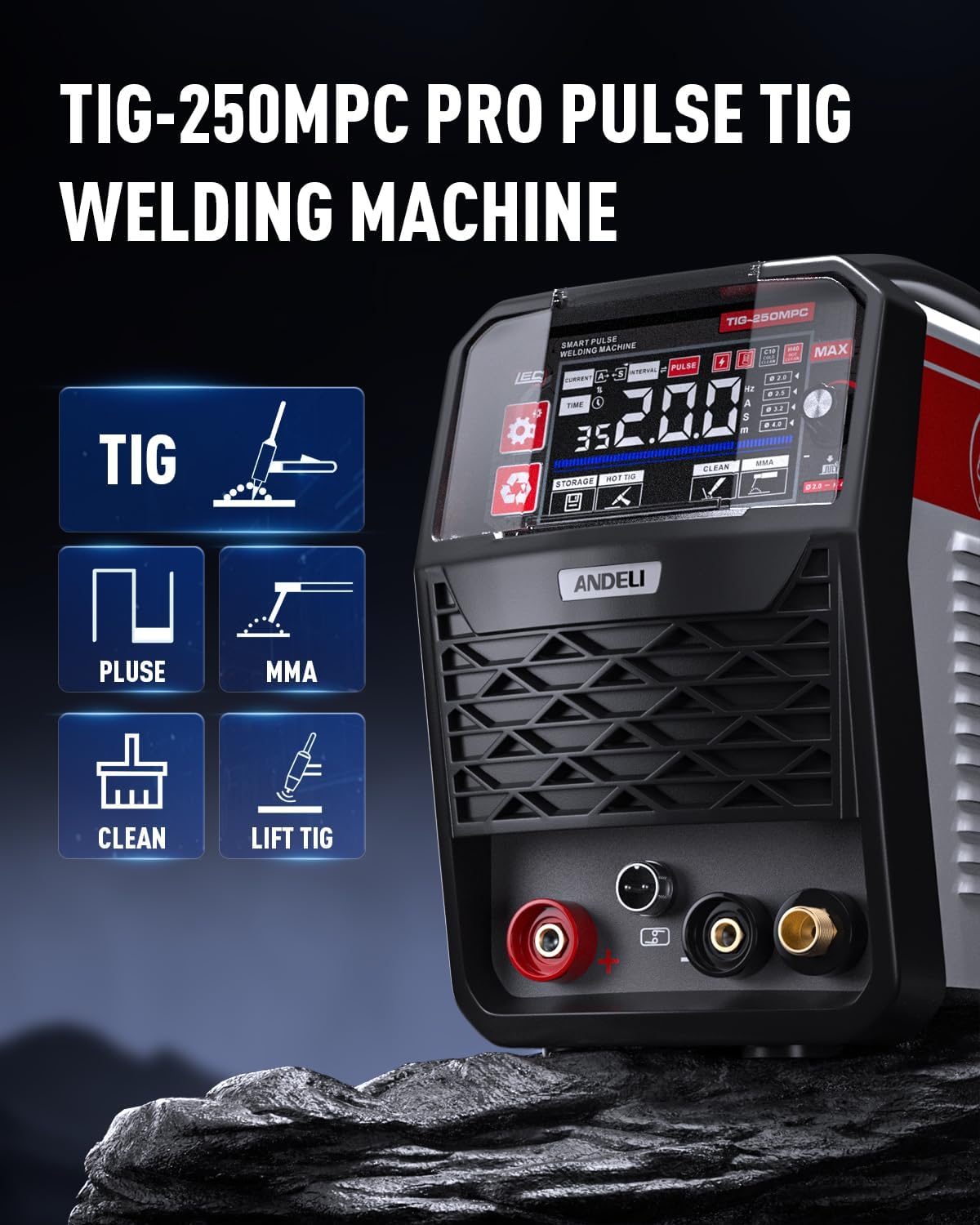 ANDELI TIG-250MPC control panel showing TIG, Pulse, MMA, Clean, and Lift TIG functions