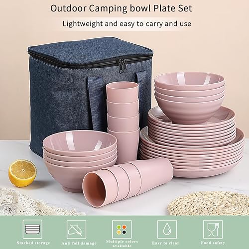 Miniatura 3 de Juego de vajilla de plástico de 32 piezas para 8 personas con una bolsa portátil Oragnizer, juegos de platos y cuencos reutilizables que incluyen