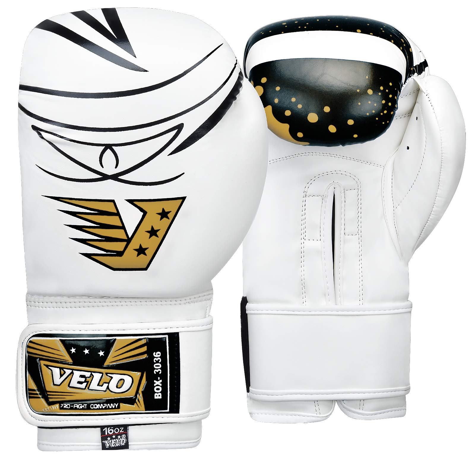 VELO Vivid Impact Series Boxing Gloves - Funky Contemporary Design in Orange, Red, Blue, Yellow DX Leather - Sizes 4oz 6oz 8oz 10oz 12oz 14oz 16oz Including Kids Sizes (Gold, 8oz)