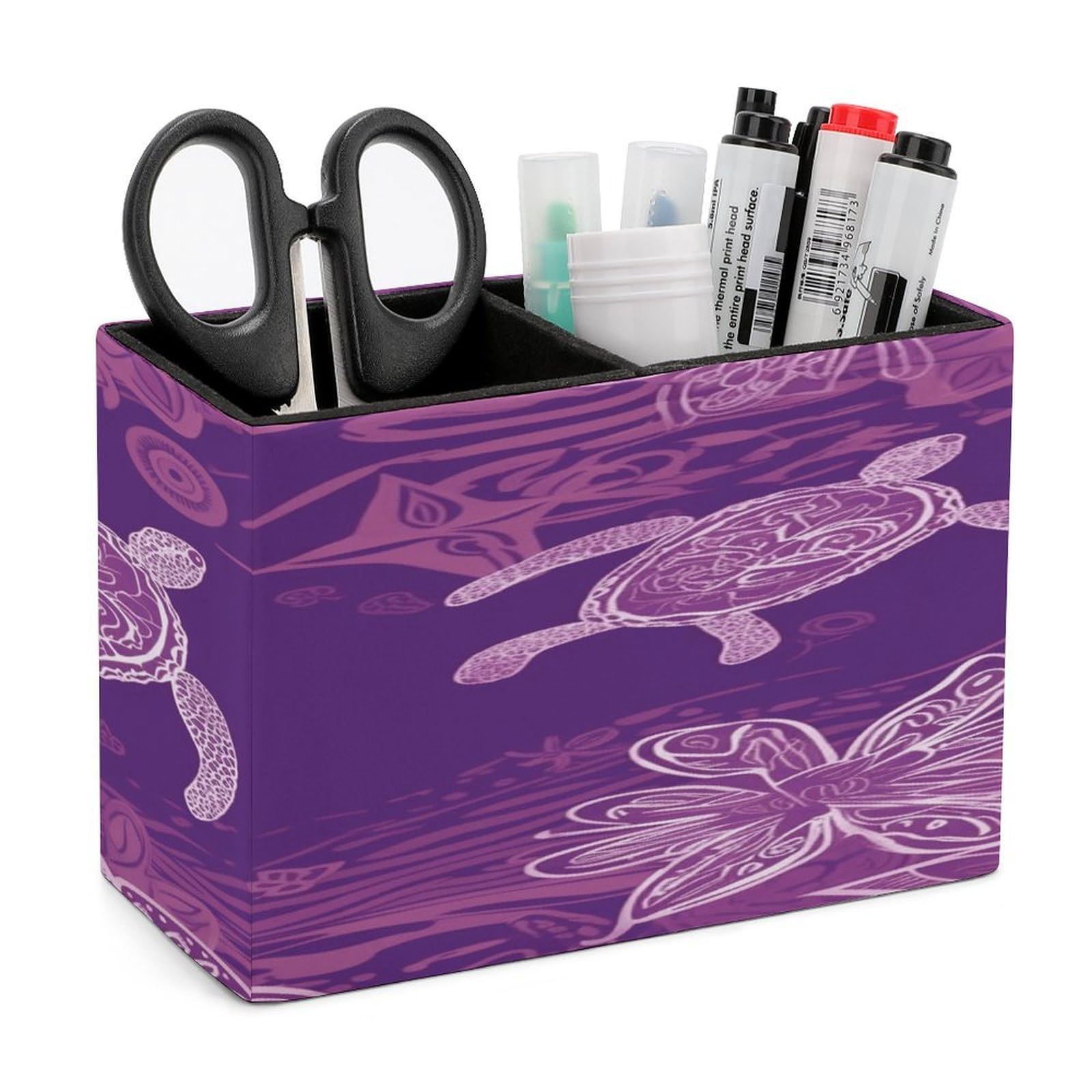 VstaDank Hawaii with Purple Sea Turtle Pencil Holder for Desk Organizer 2 Compartments Pen Cup Leather Square Pen Holder Pencil Cup Stand Makeup Brush Holders for Desktop Organizer Storage Case