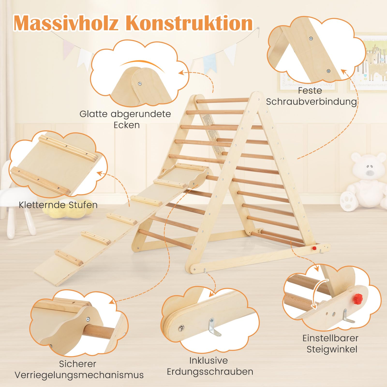 DREAMADE Kletterdreieck mit Rampe, klappbar Kletterspielzeug Holzdreieck aus Massivholz, Indoor Klettergerüst für Kinder ab 3 Jahren (Natur)