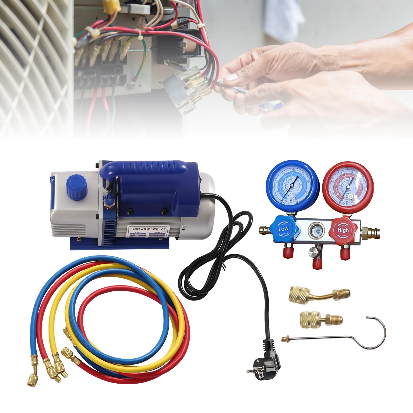 Pompa per vuoto, pompa sottovuoto, set di riparazione per auto, pompa per vuoto da 180 W, con pressione sottovuoto da 5 Pa, set completo con manometro e tubi, per R134a e R410a
