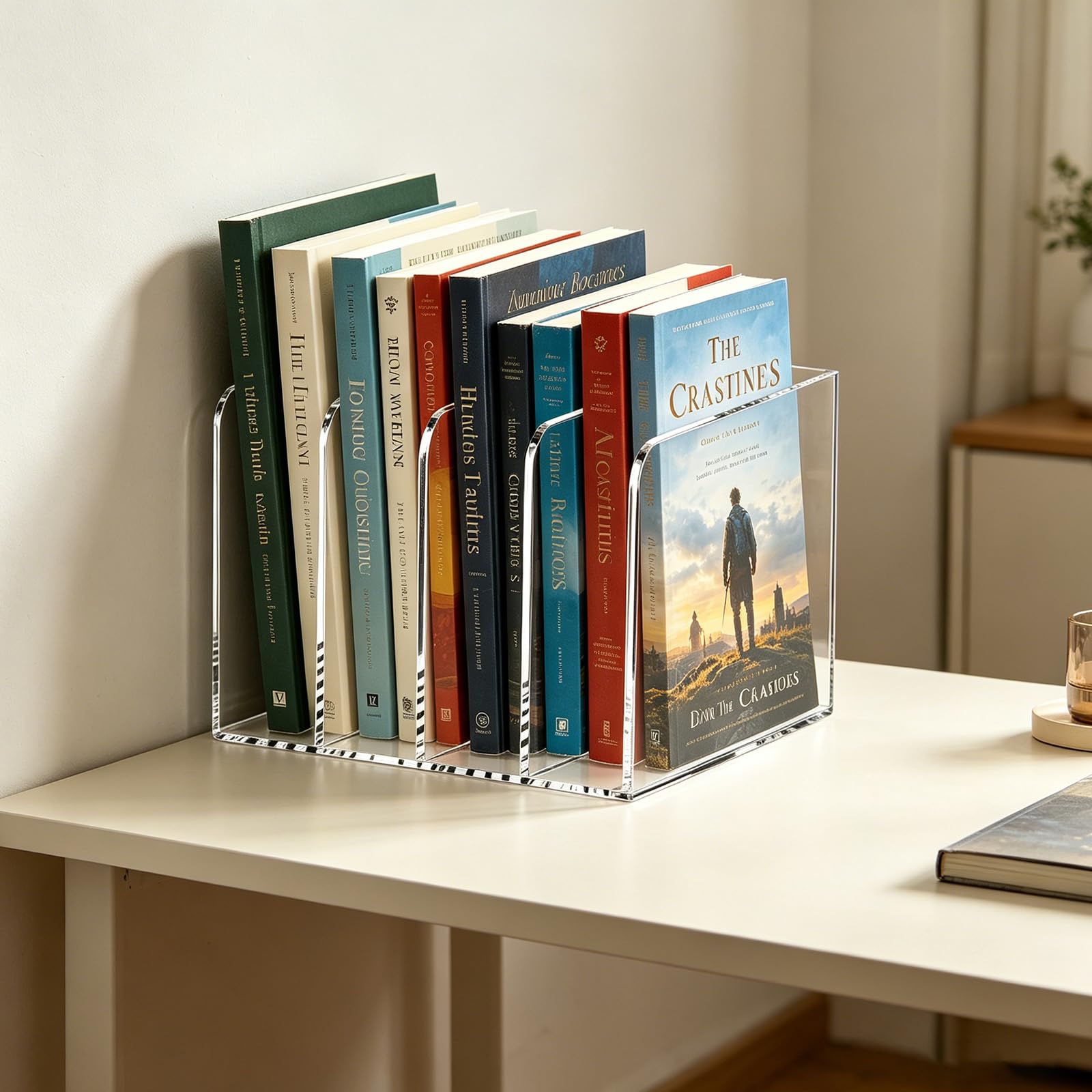 Raccoglitore portariviste in acrilico, divisorio trasparente e supporto per libri, organizzazione e conservazione dell'ufficio, documenti, libri, tablet, lettere, organizer antiscivolo (4 scomparti)