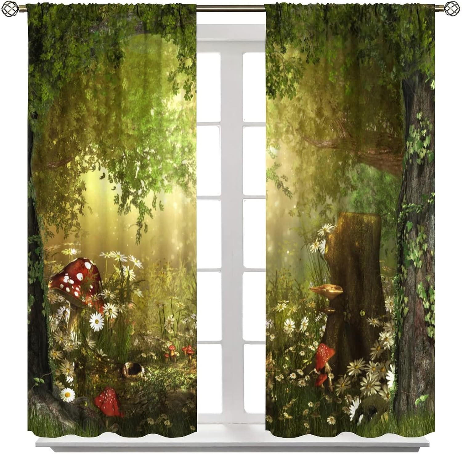 Dream Forest Curtains Beautiful and Charming Fairy Tale Lush Forest Land Mushroom Stumps Flowers Suitable for Kitchen Blackout Window Drapes Decoration 2 Panels Green 42x45 Inch