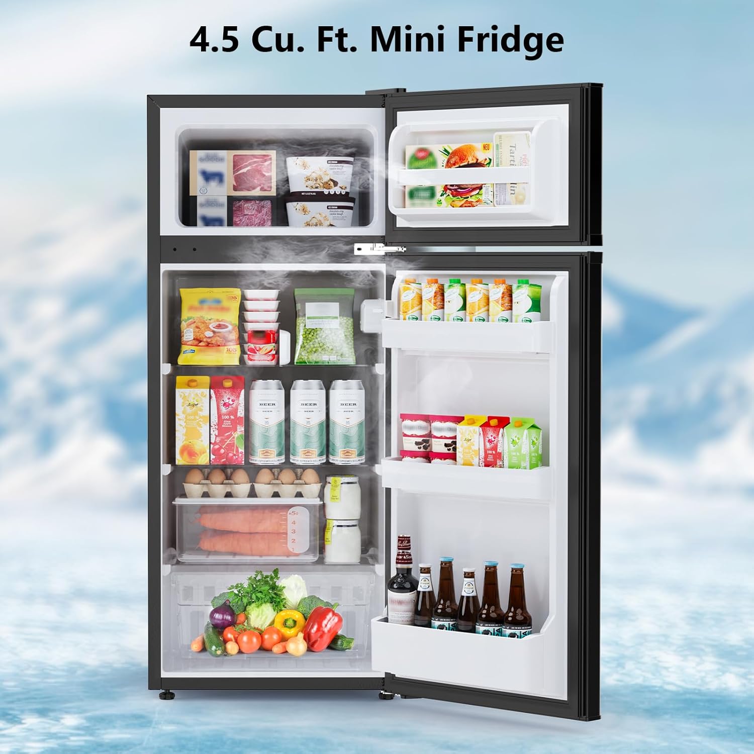 4.5 Cu.Ft Mini Fridge with Freezer, 2 Door Compact Refrigerator, Small Fridge with Adjustable Thermostat Energy Ultra Quiet, Mini Fridge Removable Glass Shelves for Bedroom Office Dorm-Gloss Black