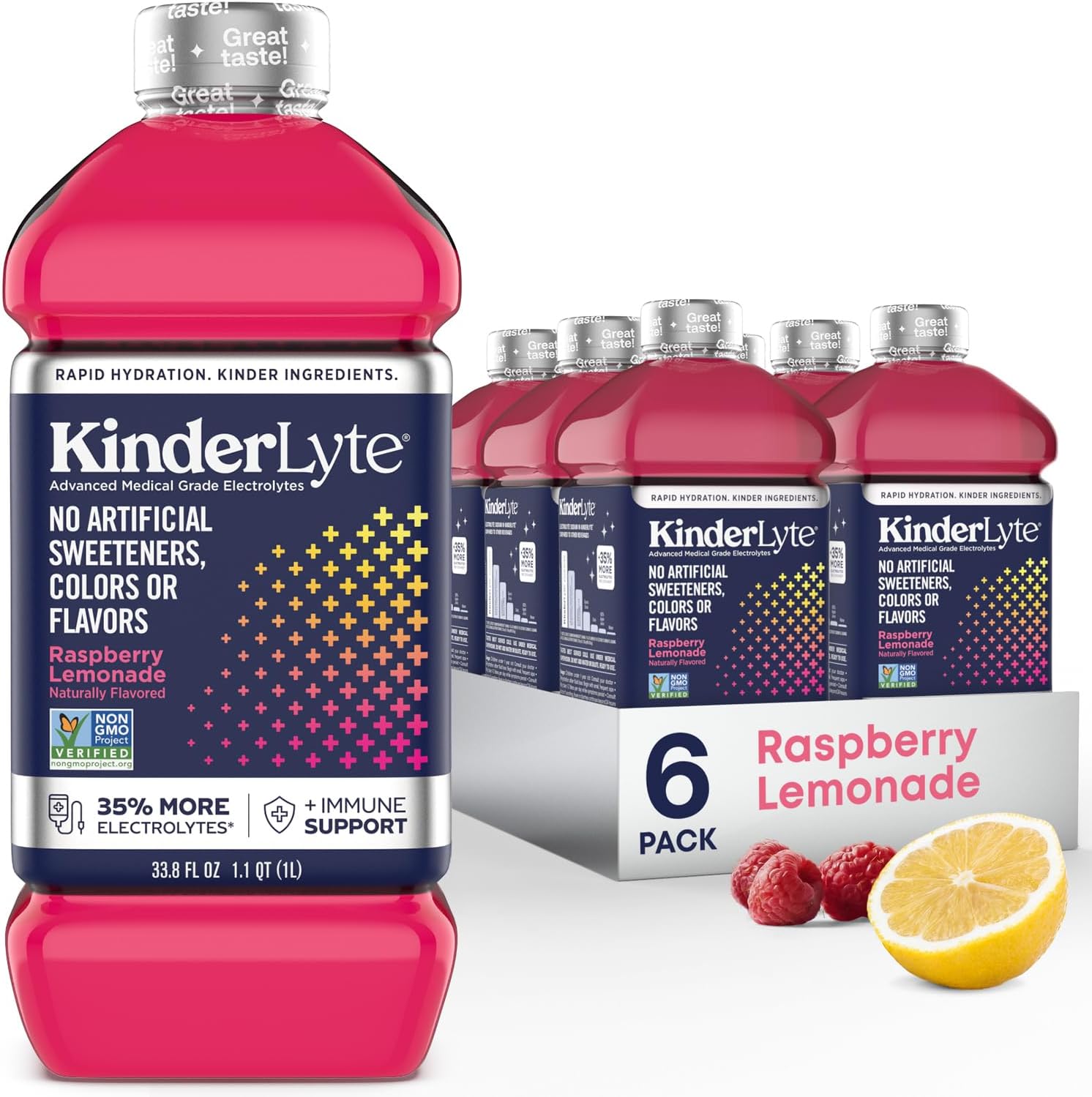 KinderlyteAdvanced Electrolyte Solution, 2X Faster Hydration vs. Water Alone, No Artificial Sweeteners or Flavors, No Synthetic Dyes, Raspberry Lemonade, for Kids and Adults, 33.8 fl oz (Pack of 6)