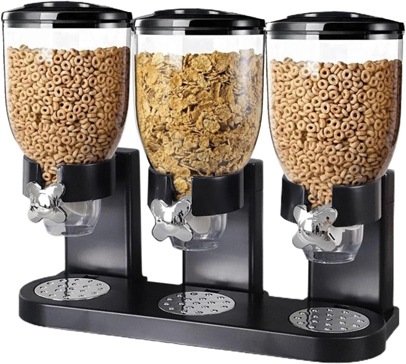Greenfields Black Triple Dry Food Cereal Dispenser – Classic Storage Canister For Cornflakes, Candy, Sweets, Lentils, Nuts, Beans & Granola – Easy Control Kitchen Quick Dispenser,