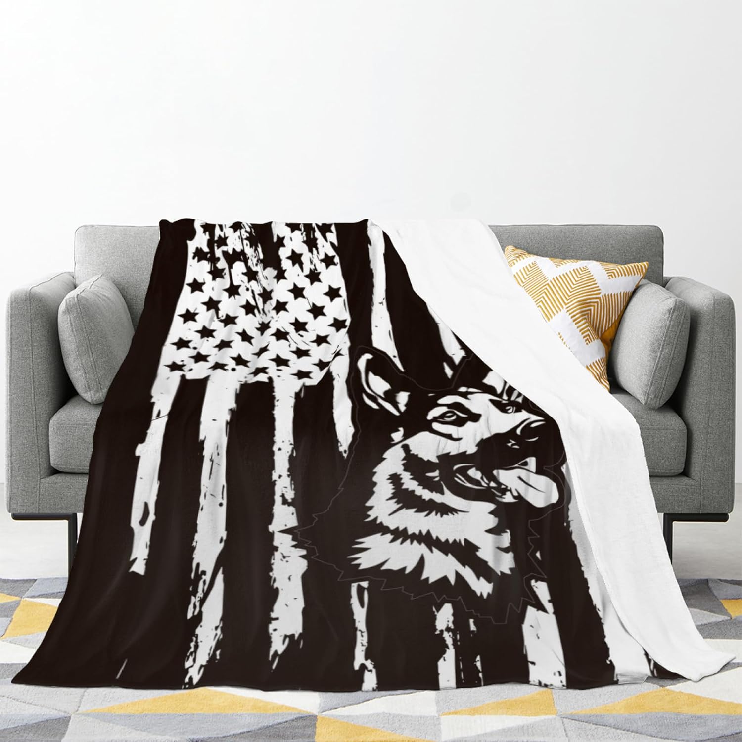 Usa Flag Themed German Shepherd Dog Throw Blanket Soft Cozy Warm Fuzzy Plush Fleece Blankets For Home Decor Couch Sofa Bed,German Shepherd Lovers Flannel Blanket Gifts For Men Women Kids Girls 80"X60"