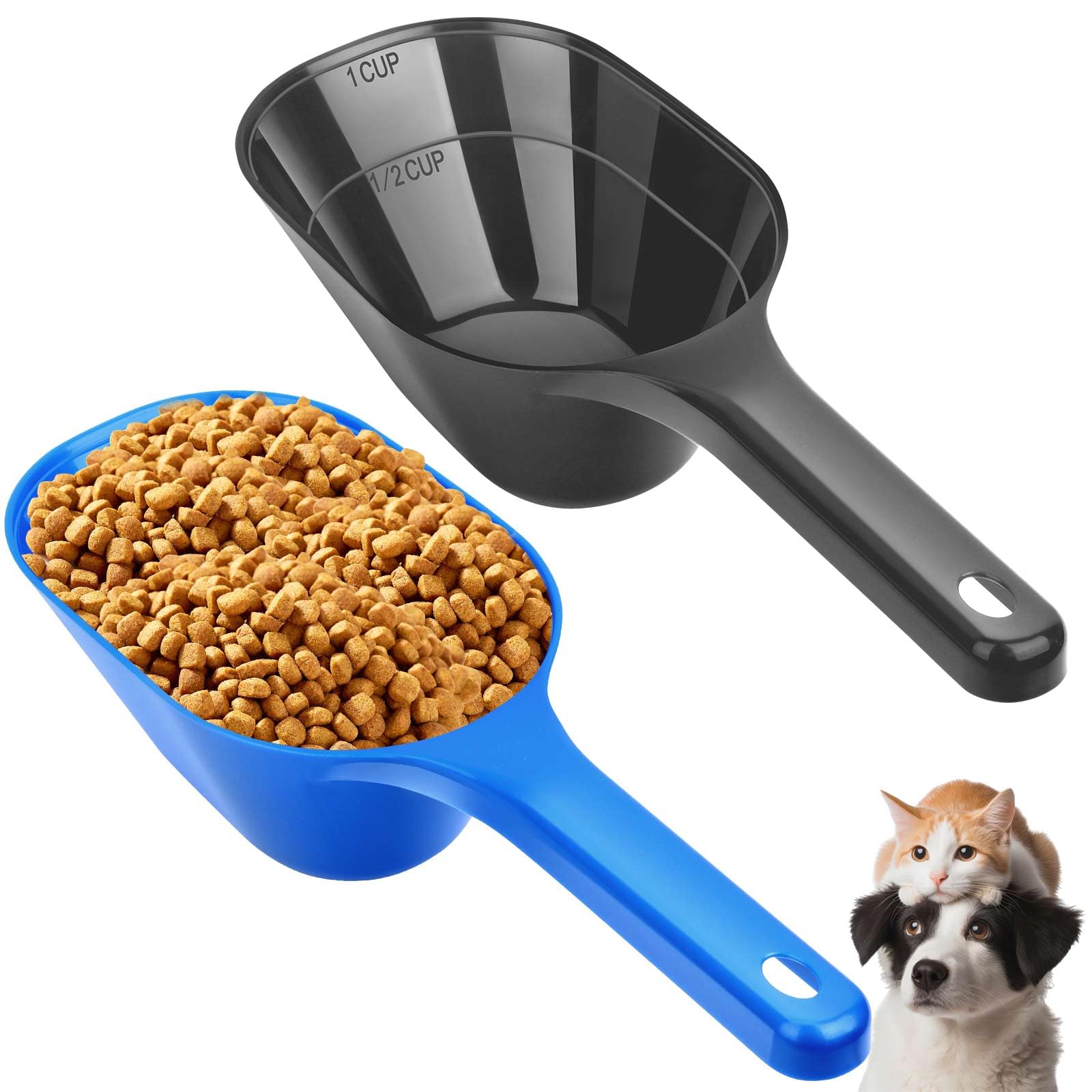 Aosnare 2 Pack Dog Food Scoop, 1 Cup Pet Food Scoop With Measuring Lines (Black and Blue)
