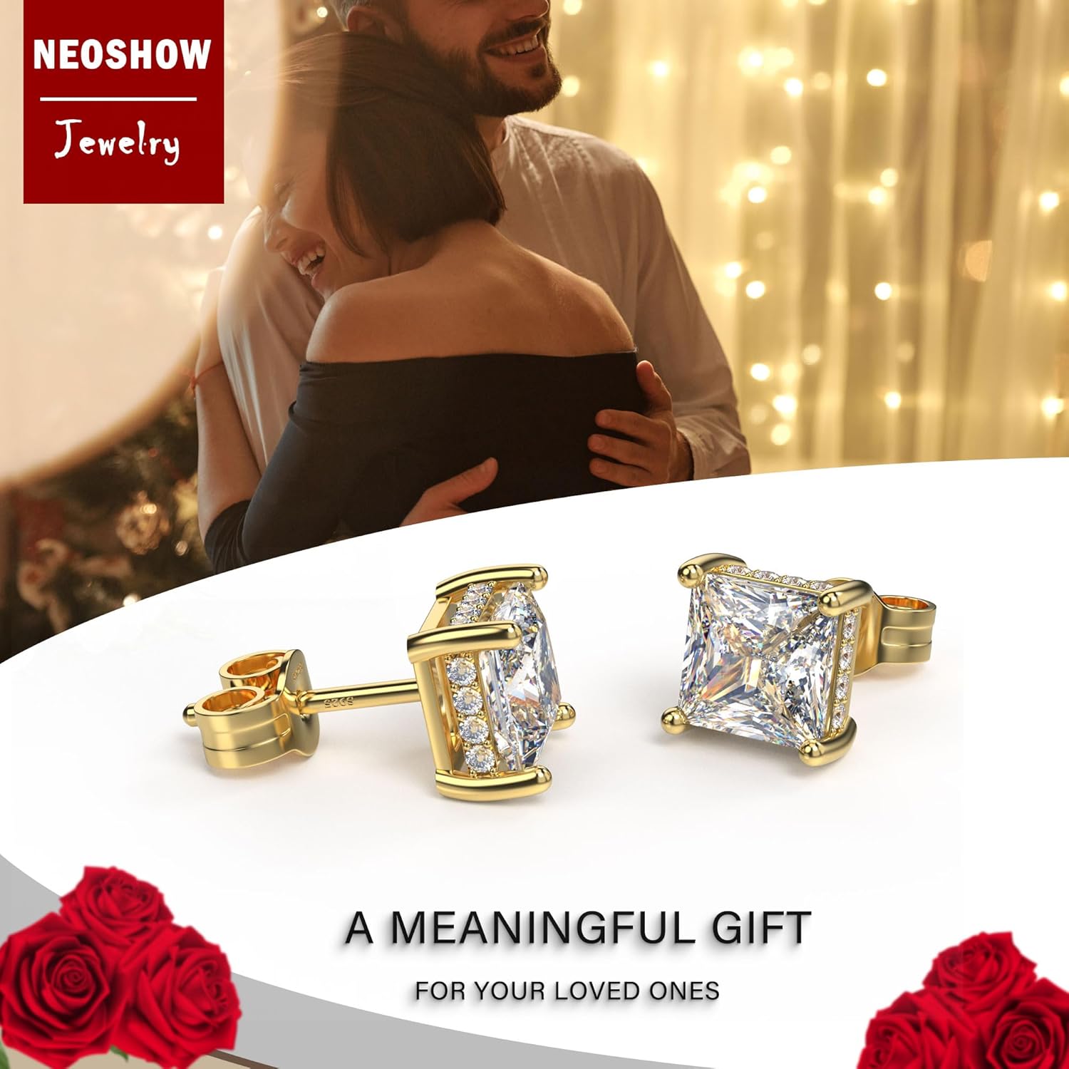 18K White Gold Plated Sterling Silver Princess Cut Cubic Zirconia Stud Earrings Square Simulated Diamond CZ Stud Earrings for Women Men Hypoallergenic - Image 5