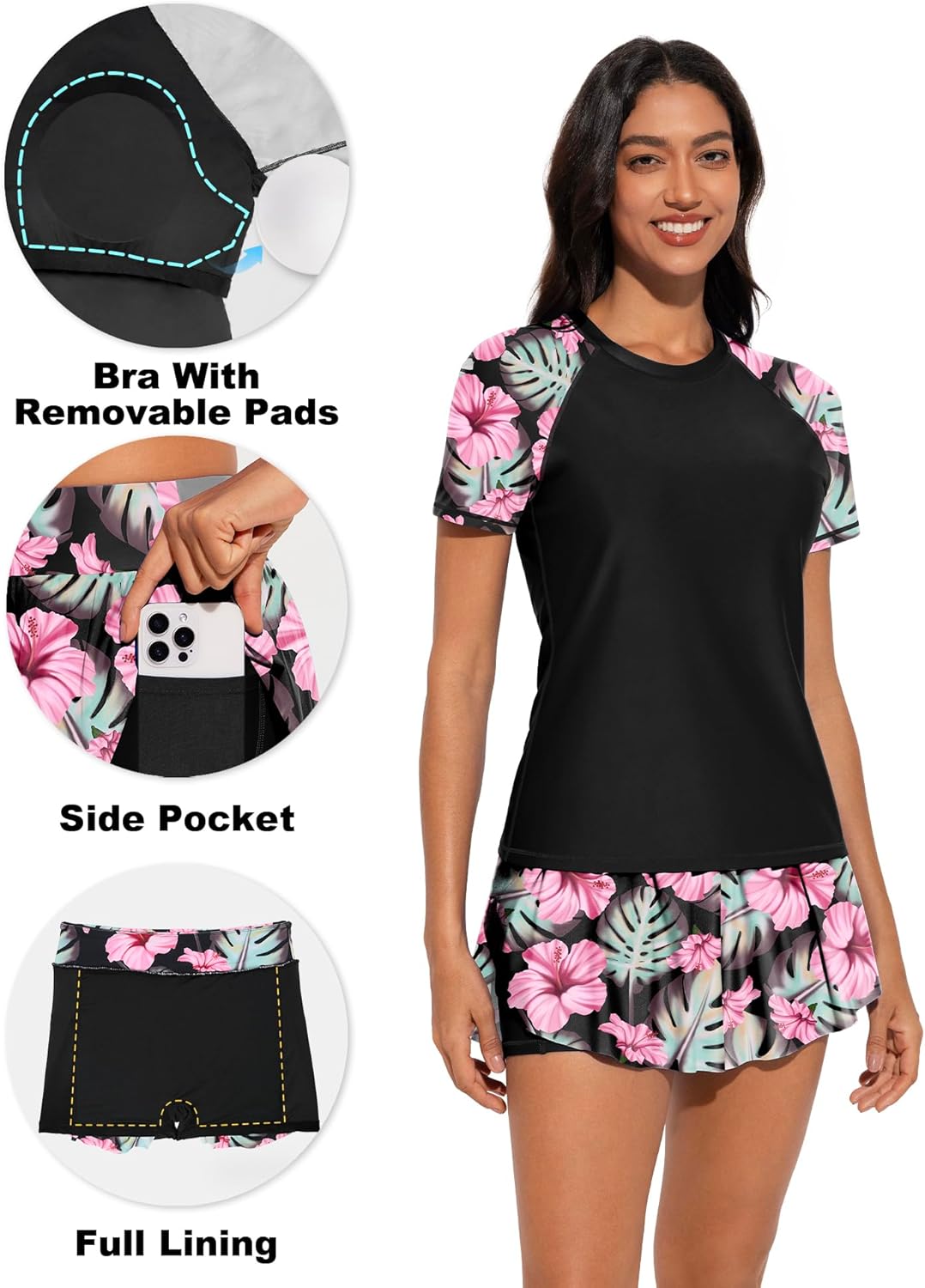 Tournesol Women's 2 Piece Rash Guard Short Sleeve Swim Shirts UPF 50+ Built in Bra Swimsuit with Culottes with Pockets