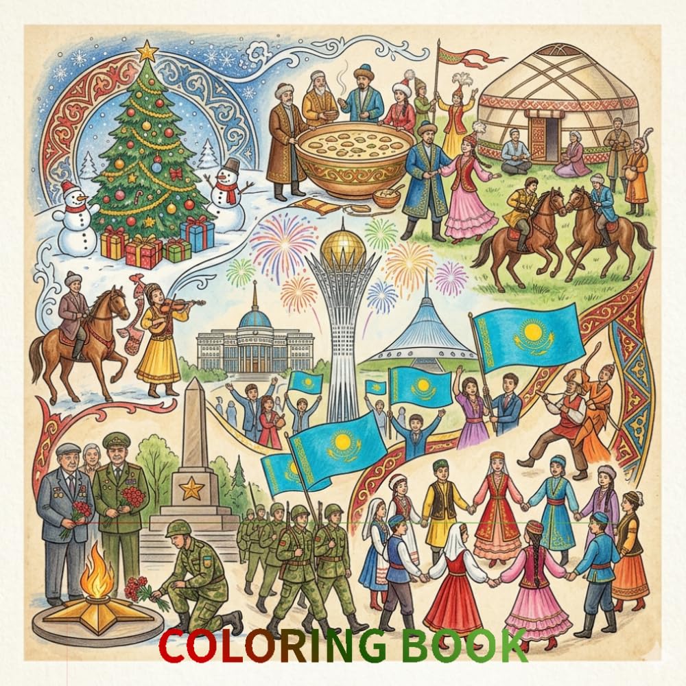 Beautifully hand-drawn coloring book that celebrates the rich traditions and vibrant spirit of the festivals of Kazakhstan: A Cultural Coloring Book ... and National Celebrations for Kids and Adults