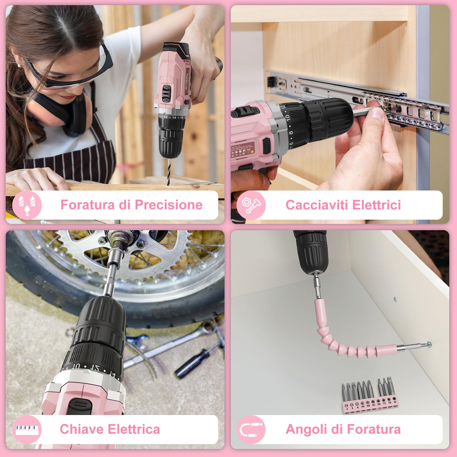 Trapano Avvitatore Batteria 12V - Sundpey Cassetta Attrezzi Completa 206 Pezzi con Trapano a Percussione, Set Attrezzi da Lavoro con Set Completo di Punte per la Decorazione Della Casa Rose