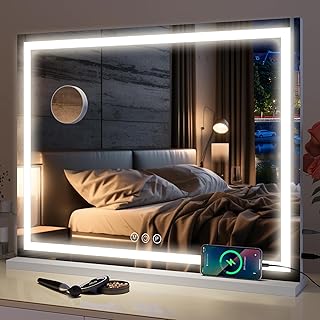 Comprar YU YUSING Espejo Maquillaje con Luz, 70x55cm, 3 Modos Iluminación Regulables, Espejo Tocador Grande, Espejos de Mesa, Cargador USB, 10x, Vanity Mirror Tocador Dormitorio, Controles Táctiles, Blanco