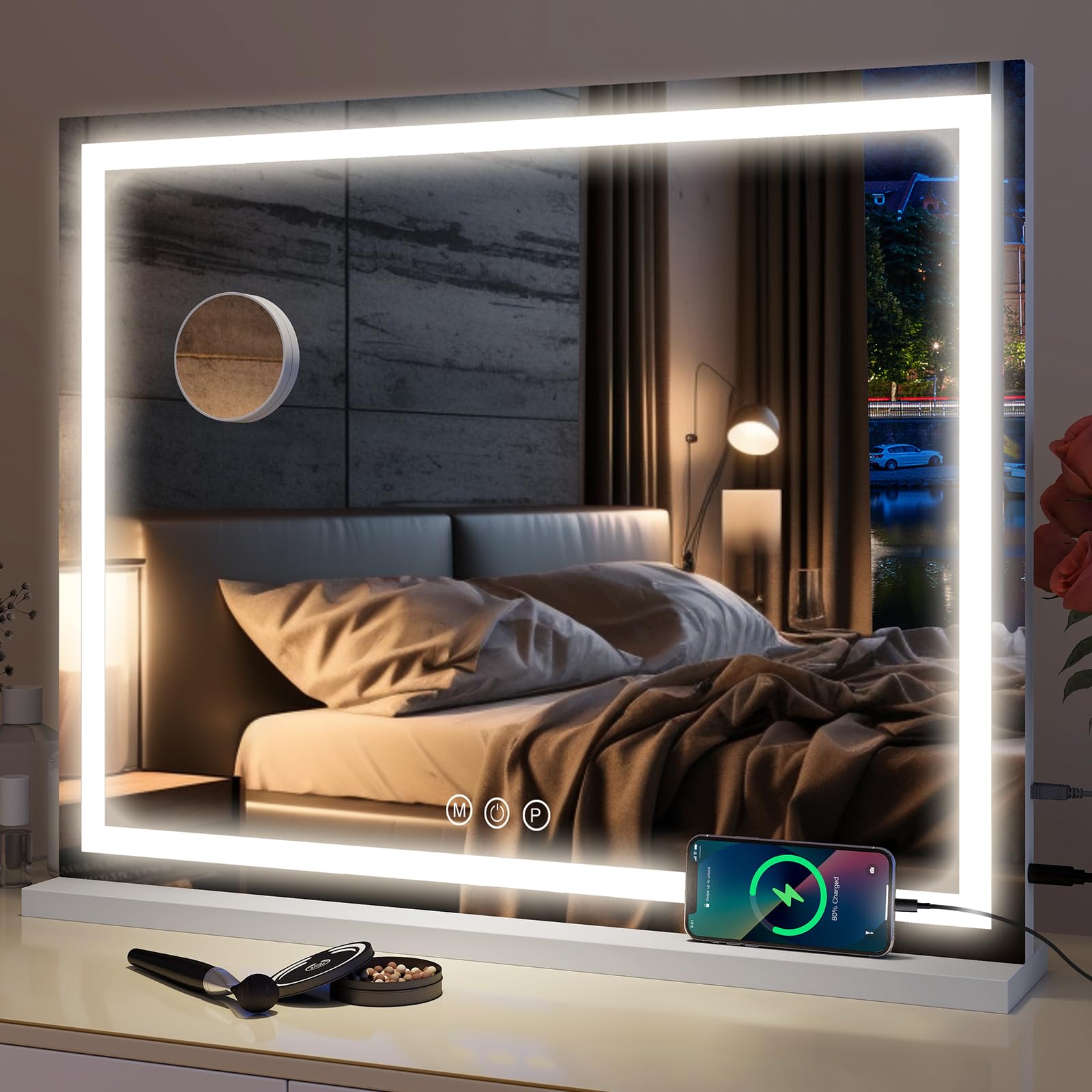 YU YUSING Espejo Maquillaje con Luz, 70x55cm, 3 Modos Iluminación Regulables, Espejo Tocador Grande, Espejos de Mesa, Cargador USB, 10x, Vanity Mirror Tocador Dormitorio, Controles Táctiles, Blanco