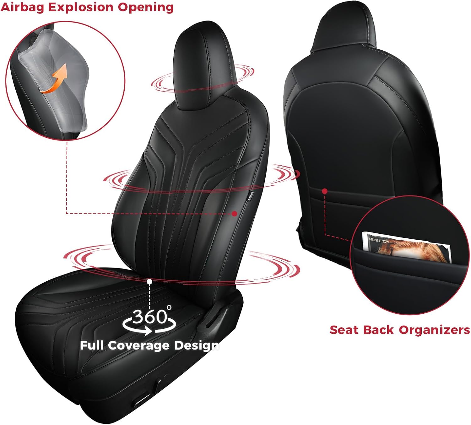 FREESOO Custom Seat Covers for Tesla Model Y 5-Seater 2020 2021 2022 2023 2024 | 10mm Nappa Leather, Full Wrap Black