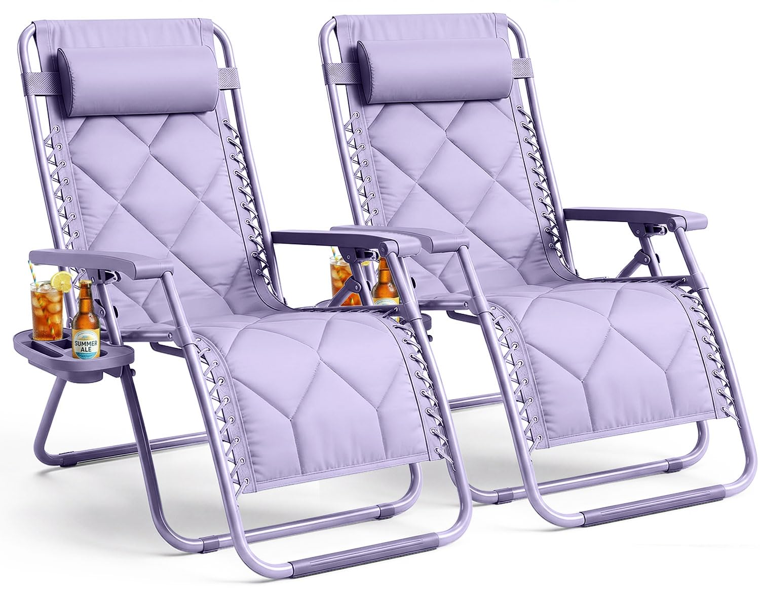 KEPLIN Set of 2 XXL Premium Heavy Duty Padded Diamond Zero Gravity Chairs - Luxurious Garden Recliners, Adjustable Headrest, Cup & Phone Holder, Foldable, Patio Sun Loungers - 150kg Weight Capacity