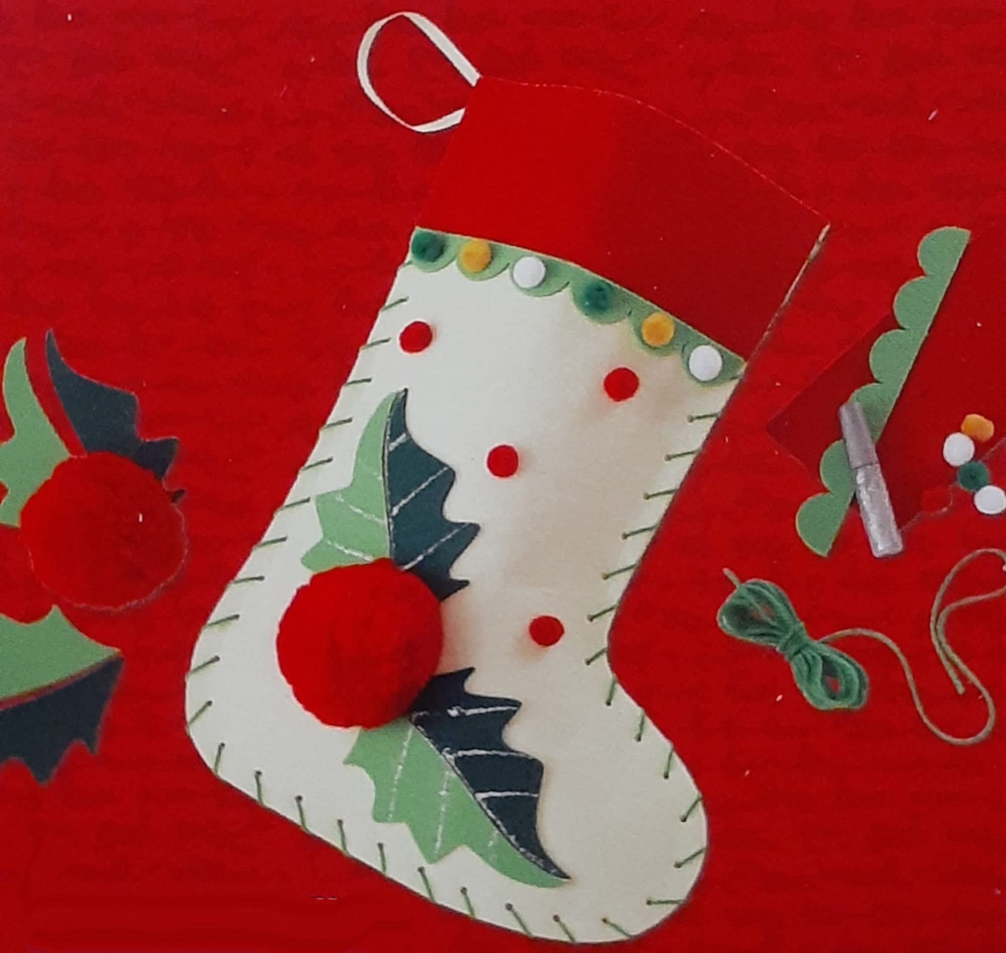 Blue Skies Plus Christmas Stocking Felt Craft Kit - Holly Berry with Leaves and pom pom Trim