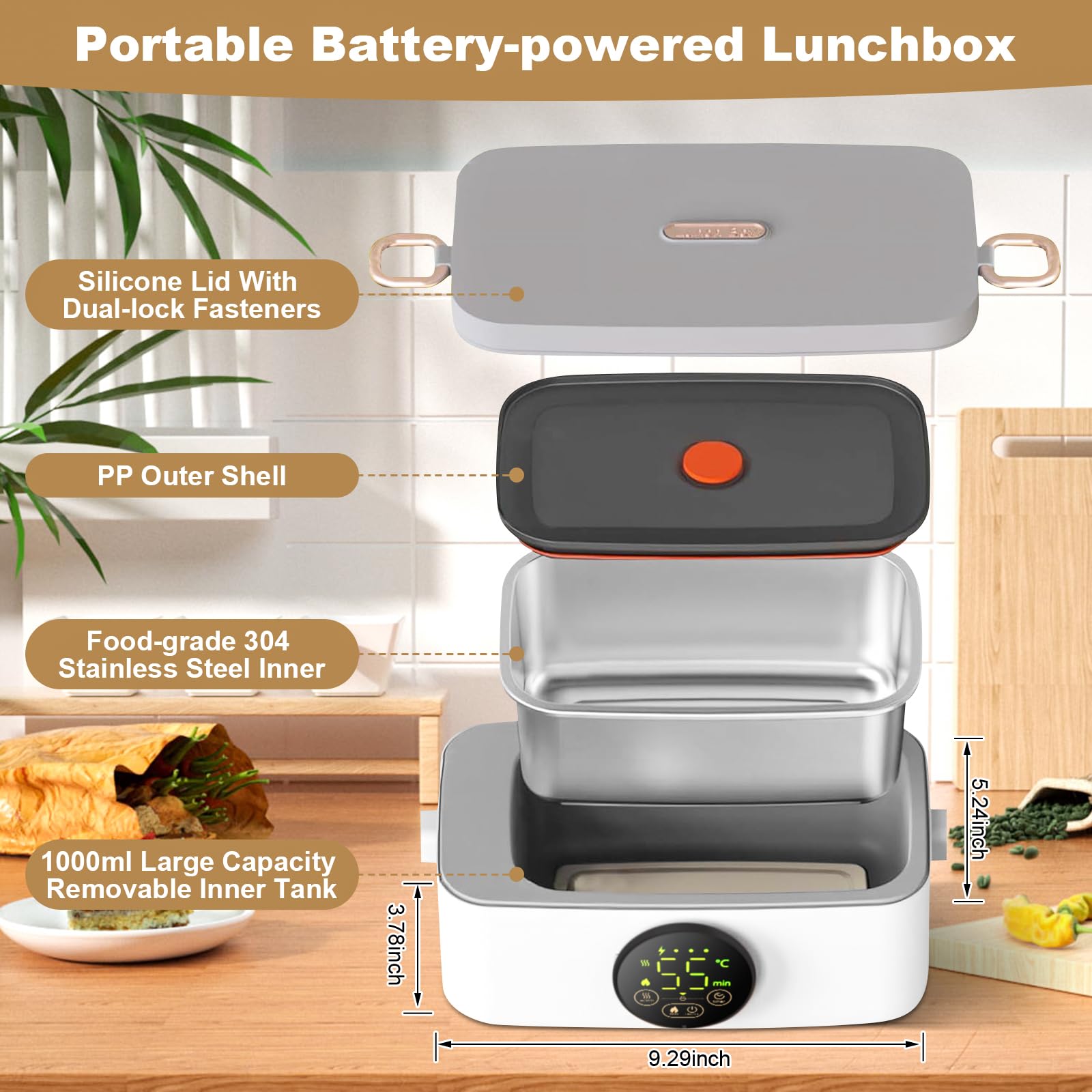 16000mAh Tragbare Elektrische Lunchbox mit Timer und 6 Temperaturstufen | Kabellose Beheizte Lunchbox mit 1L Herausnehmbarer Edelstahl Innenfutter,Digitalanzeige,für Auto/Büro/Schule/Picknick/Outdoor