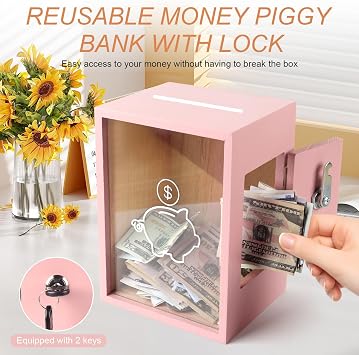 Clear Piggy Bank with Lock, Large Money Saving Jar Money Bank Box Container for Cash Saving, Openable Clear Money Coin Change Bank Jar Container Penny Piggy Jar Bank for Adults Kids, Pink