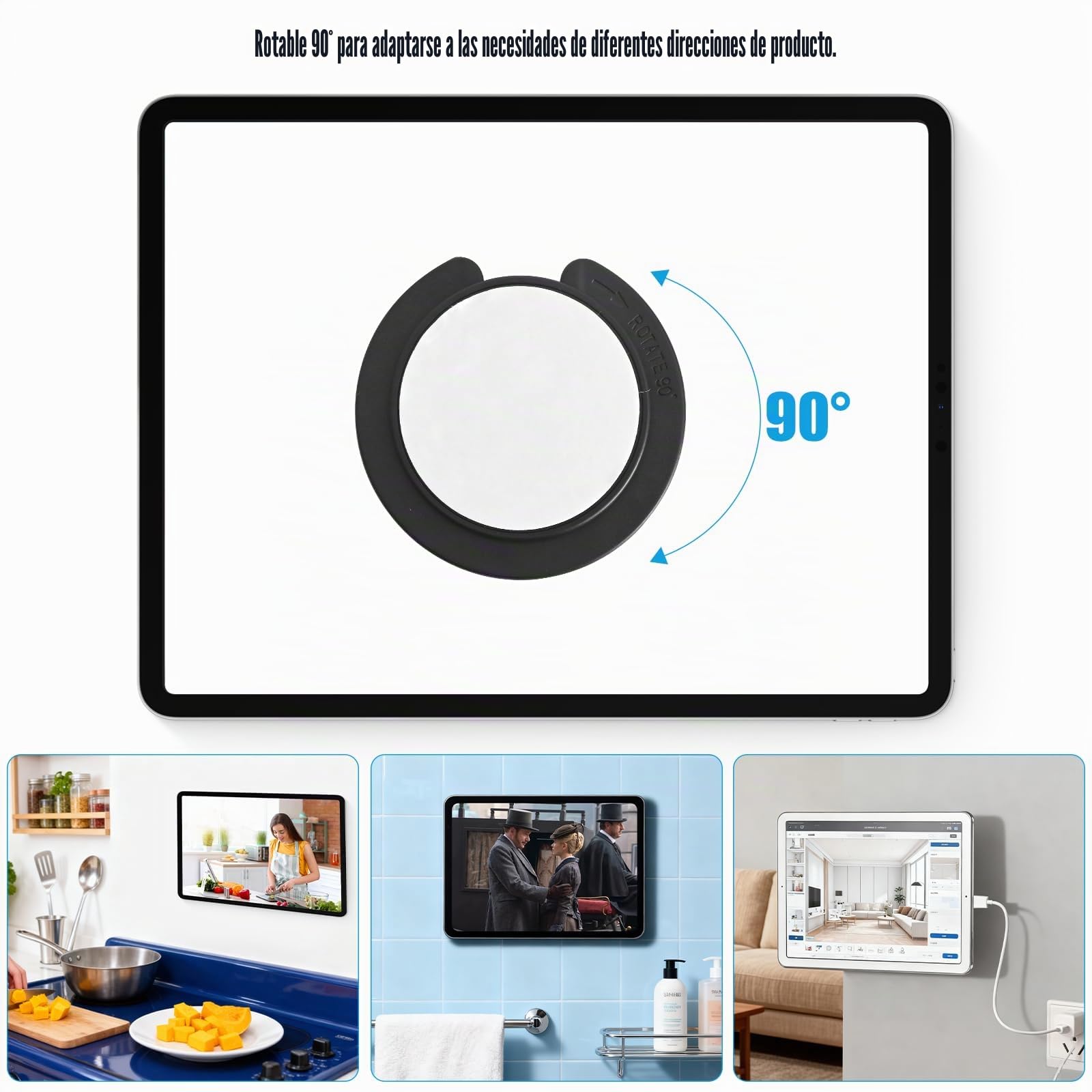 2 soportes de pared para tableta, rotación de 90°, soporte universal con adhesivo y tornillos, soporte de pared ajustable para tableta, smartphone y lector electrónico, compatible con iPad