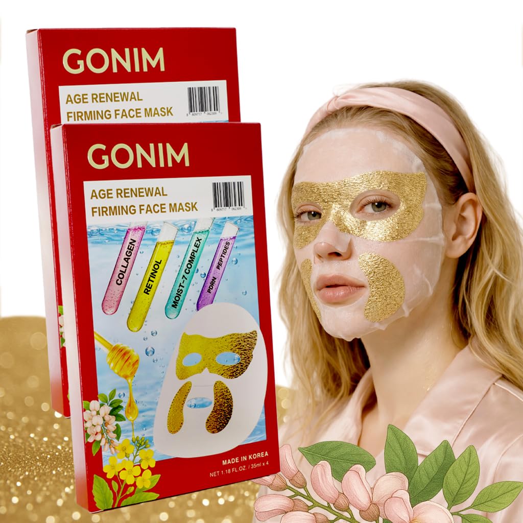 GONIM Korean Face Mask with Integrated Eye Mask Under Eye Patches - PDRN Sheet Mask, Collagen Peptides, Retinol & Caffeine, Hydrating Face Masks Skincare Gifts for Women Anti Aging Skin Care 1.18ozx8