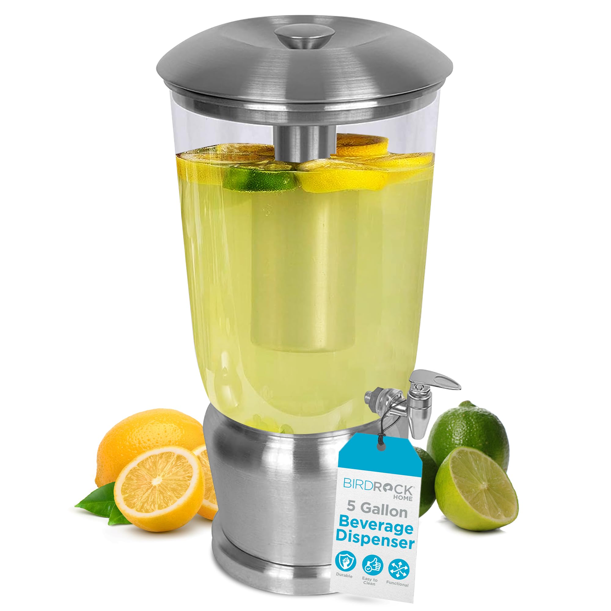BirdRock Home stainless beverage dispenser with clear body and ice core