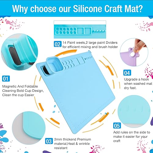 Miniatura 10 de Tapete de pintura de silicona, kit de estaciones de pintura 1 delantal, 1 par de sobremanga, 20 pinceles de pieza alfombrillas de silicona para
