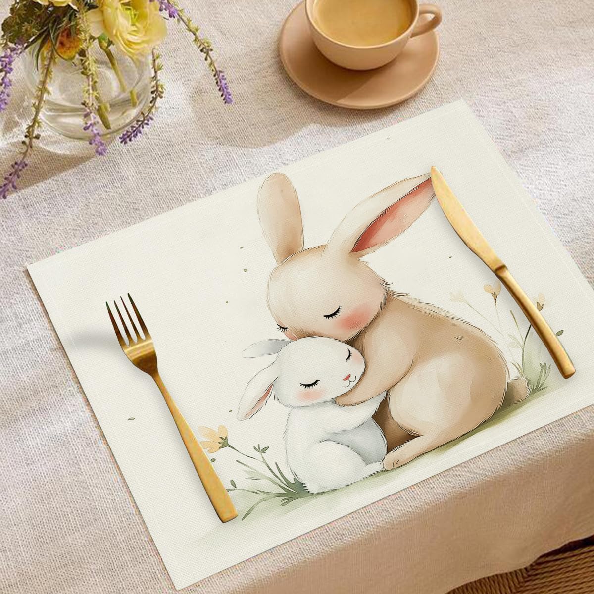 Sets de table lapin pour cuisine et restaurant, toile aquarelle lavable