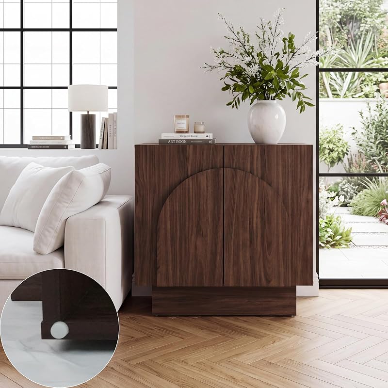 Ya-Home Walnut Sideboard Buffet Cabinet with Storage, 31.5” Modern Sideboard Cabinet with Arched Doors & Shelf, Farmhouse Accent TV Station Media Console Credenaza for Living Room Entryway image 5