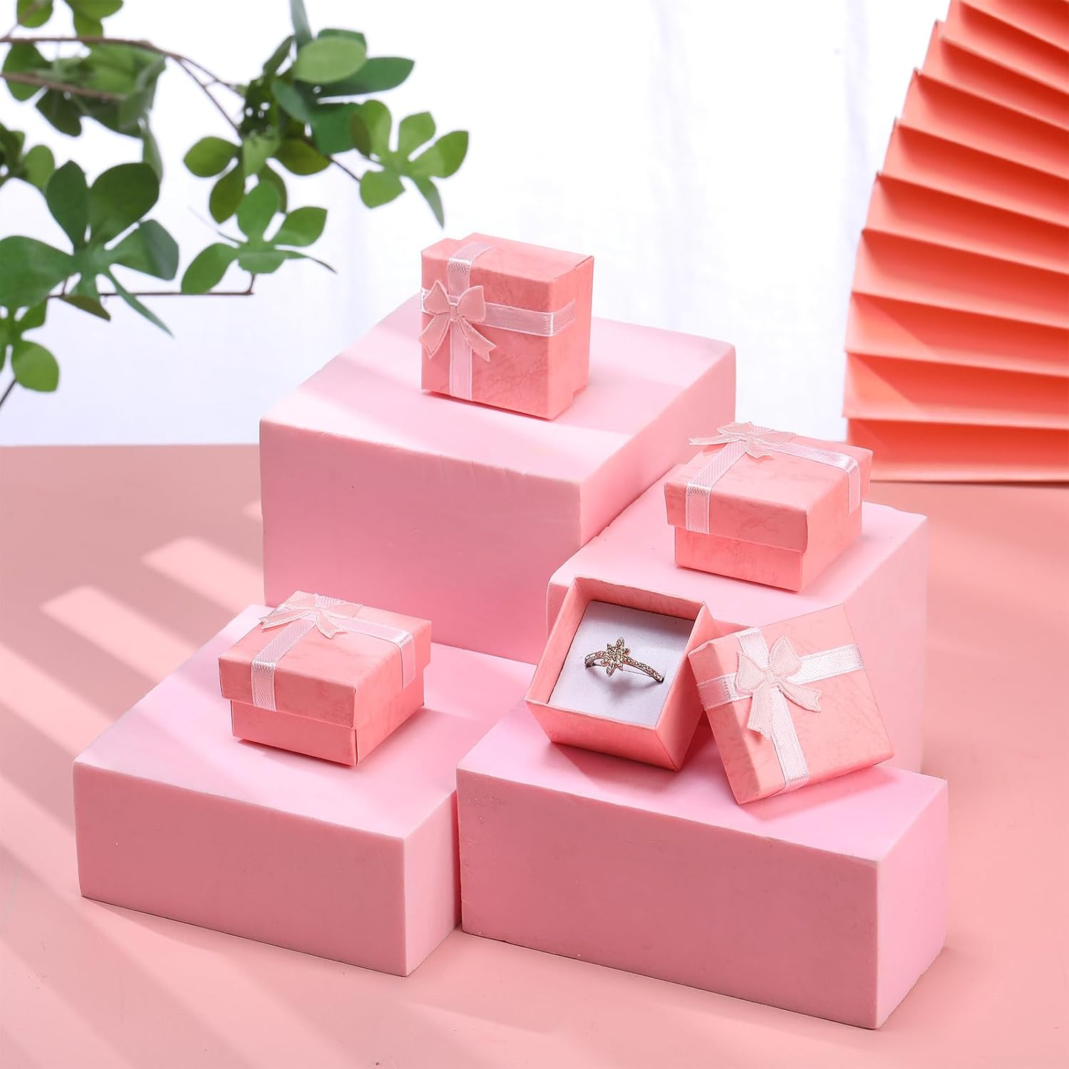 Huquary 160 Pcs Ring Gift Box with Ribbon Bow Cardboard Jewelry Gift Box for Proposal Wedding Birthday Earring Display(Pink)