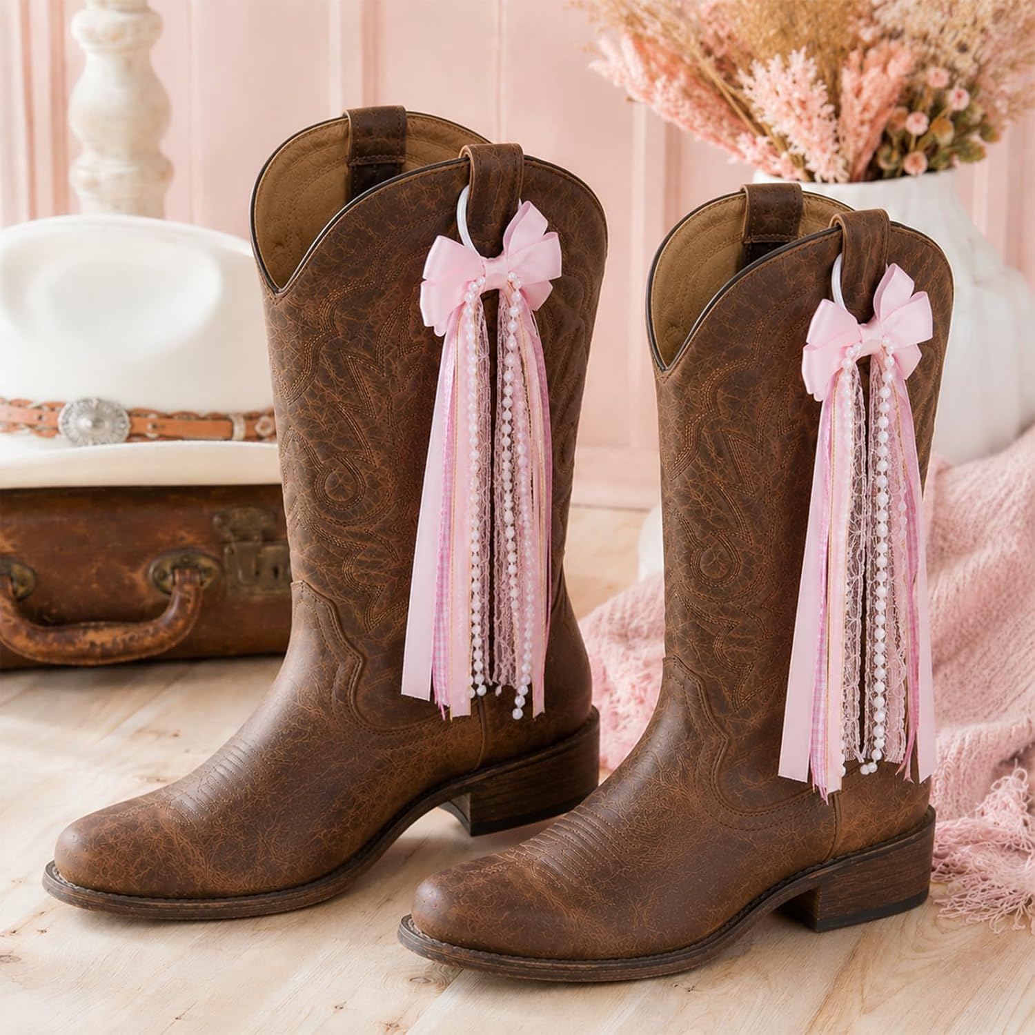 WLLHYF 2 Pcs Pink Ribbon Boot Lace Bows for Cowgirl Country Concert Outfits