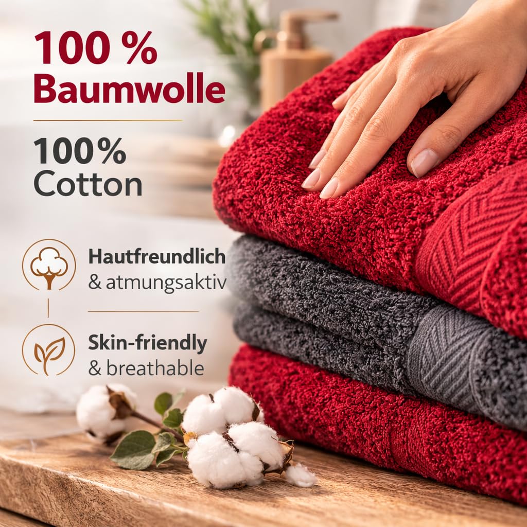 Betz Premium Handtuch-Set 12-teilig, Oeko-TEX Standard 100, 100 % Baumwolle, 470 g/m², 2 Duschtücher, 4 Handtücher, 2 Gästetücher, 2 Seiftücher, 2 Waschhandschuhe - Farbe rubinrot/Graphit