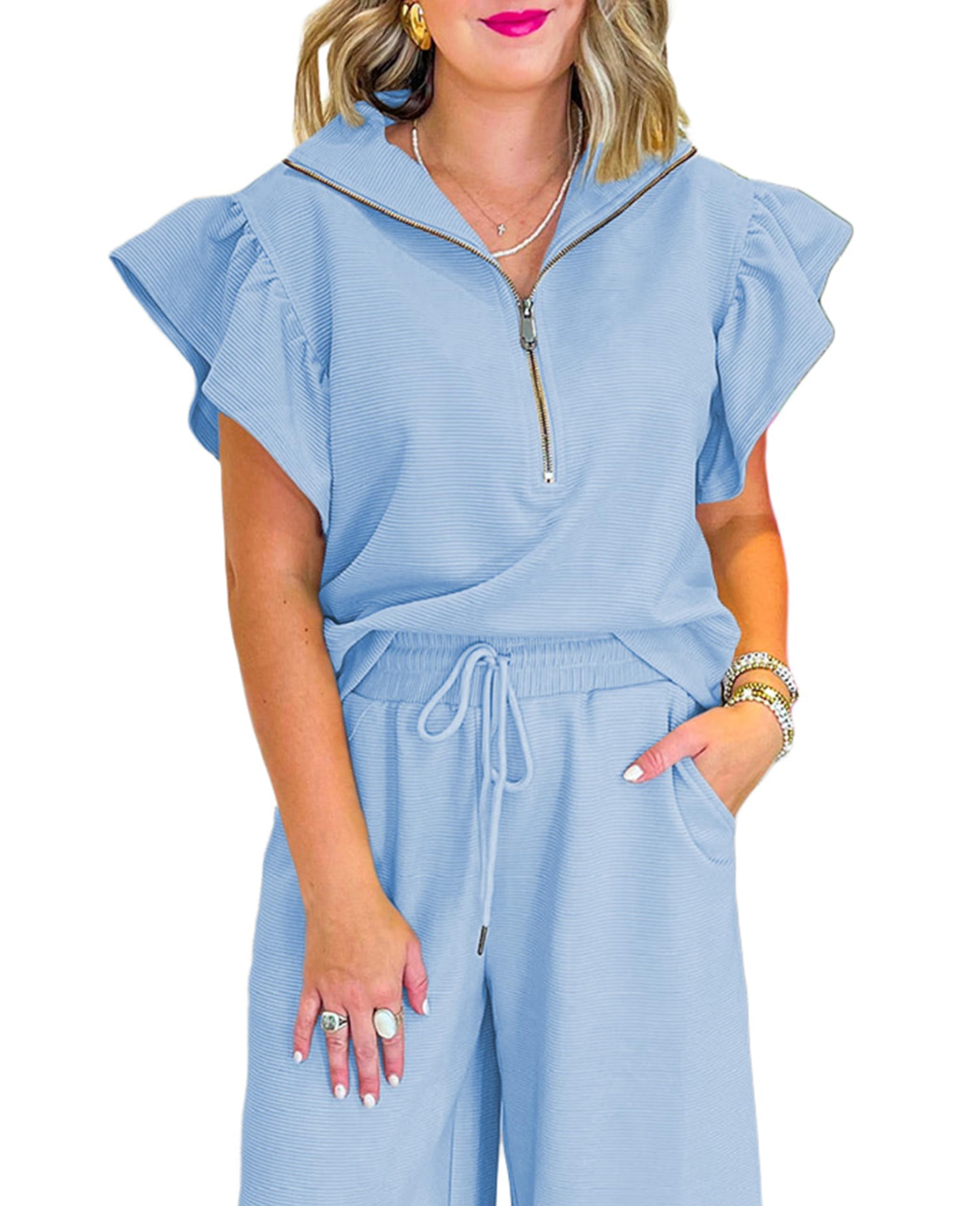 SELINK Two Piece Sets for Women Summer Outfits Ruffle Cap Sleeve Zip Top Wide Leg Pants Lounge Set Tracksuits