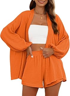 Women's 2 Piece Tracksuit Outfit Long Sleeve Belted Kimono Blouse High Waisted Shorts Lounge Sets