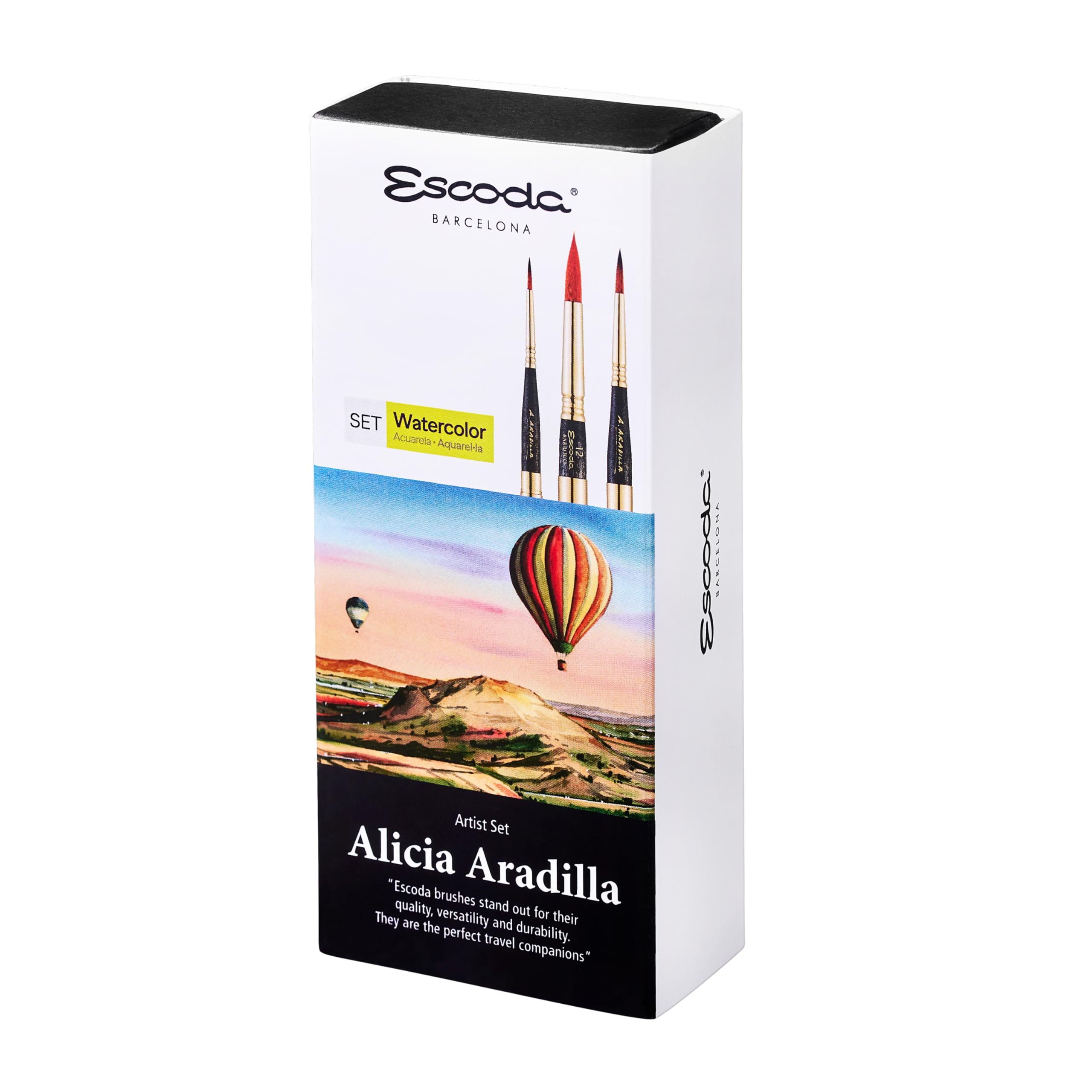 Escoda Alicia Aradilla Artist Watercolor Brush Set - Spazzole da viaggio - Astuccio in tela - Fibre sintetiche - Punta rotonda - 3 Pezzi