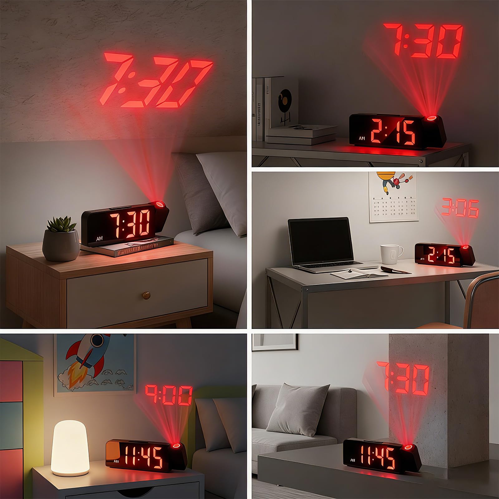 Projektionswecker für Schlafzimmer mit 180° Projektion, Digitaler Wecker mit LED Bildschirm, Temperaturanzeige, 12/24H Anzeige, USB Anschluss, Nachttisch und Büro
