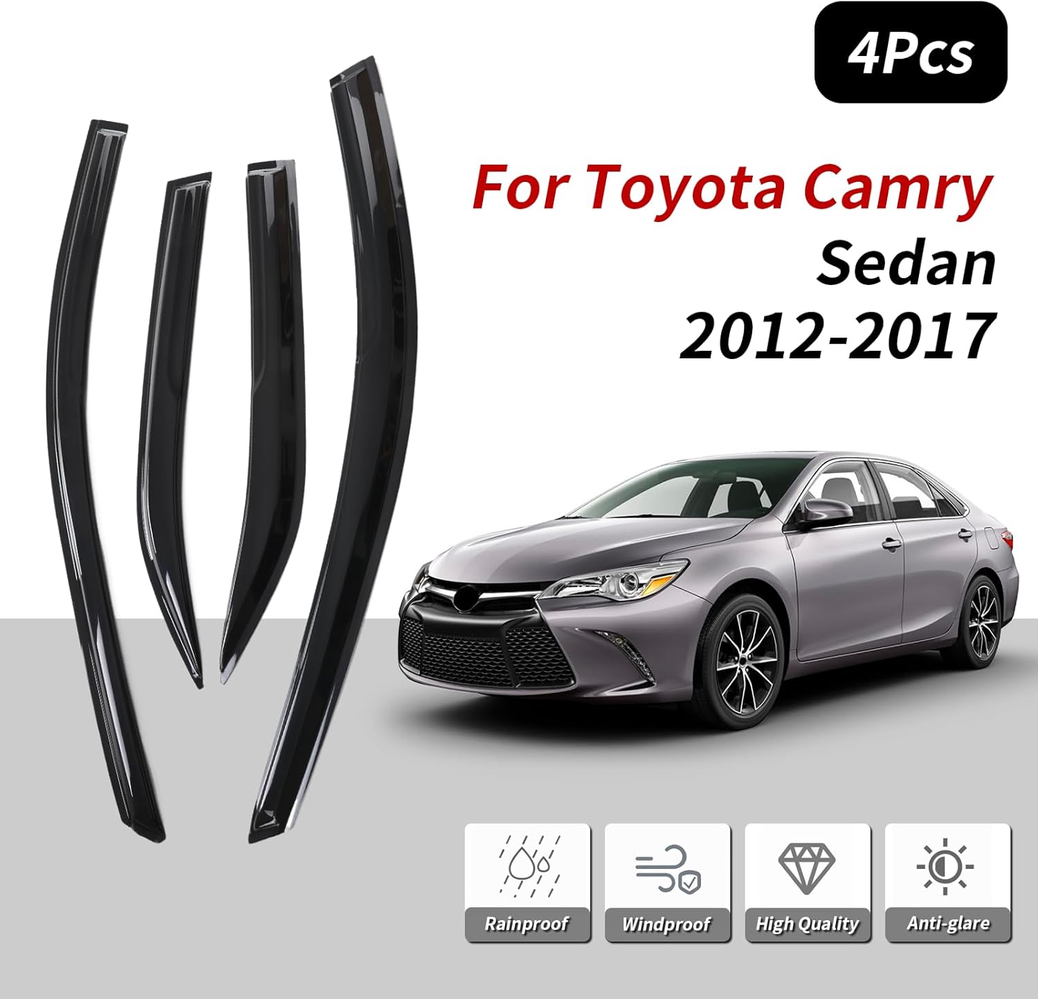 Rain Guards Side Window Visor Vent Outside Mount, 4PCS Fits for Toyota Camry 2012 2013 2014 2015 2016 2017