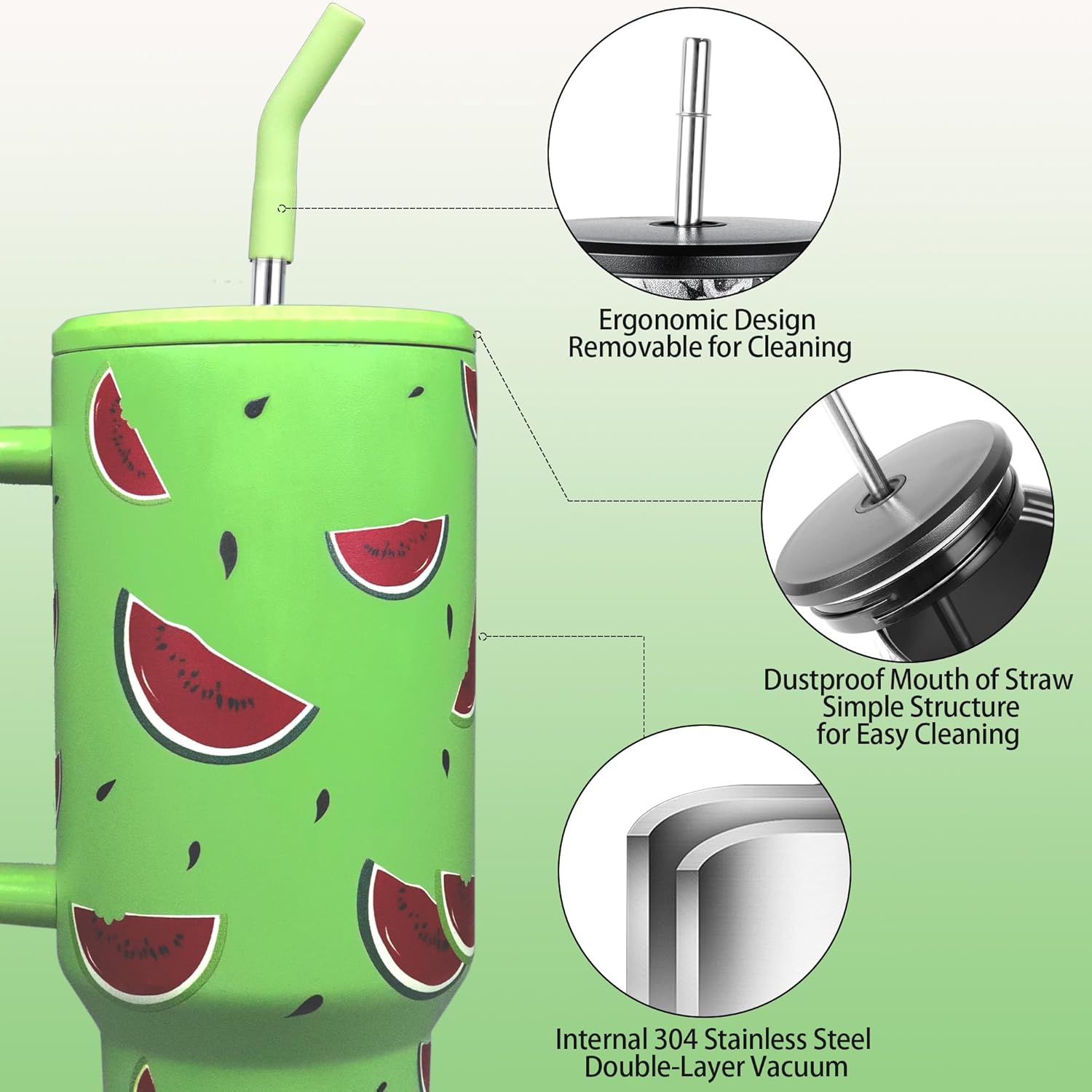 Watermelon Tumbler with Straw and Lid Vacuum Insulated 40oz Fruits Stainless Steel Cup Gifts for Women Birthday Present Watermelon Water Bottle Coffee Cup for Home or Travel