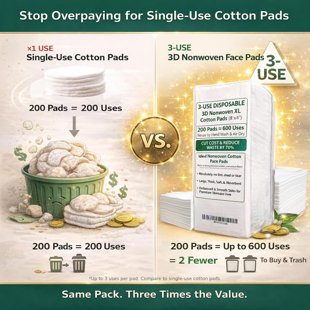 Nonwoven Cotton Face Pads (2XL 8"x4") 200 Cts (600 Uses), Cut Cost & Disposal Waste by 70%, Ultra Thick Soft & Durable, No Lint & Tearing Even Stretched, Ideal for Makeup Removal