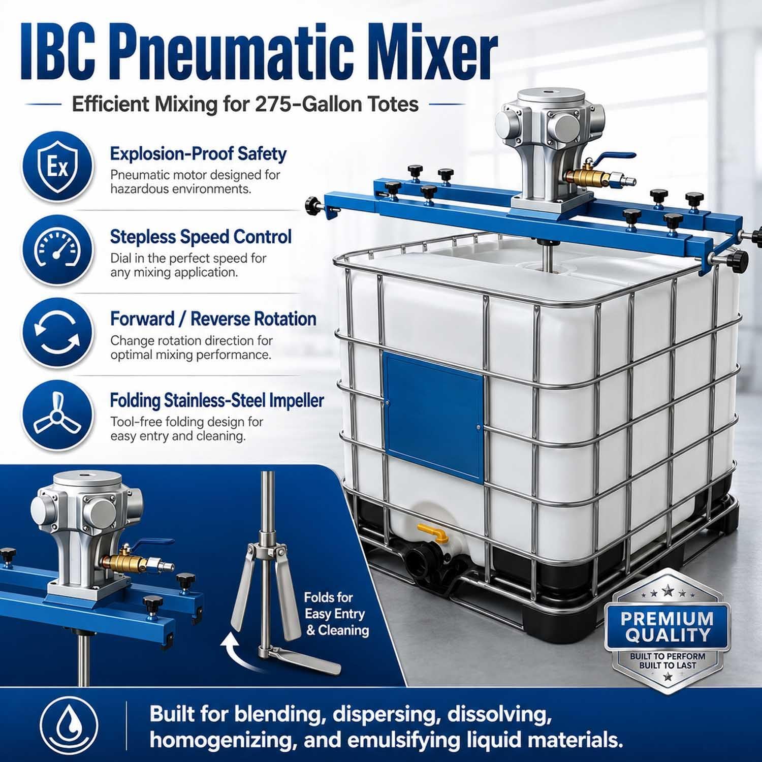 Agitadores Neumáticos para Contenedores IBC, 1/2 HP a 1 HP, con Hélices Plegables para Mezclar Pinturas y Soluciones de Alta Viscosidad, Adecuado para Tanques de 265 Galones