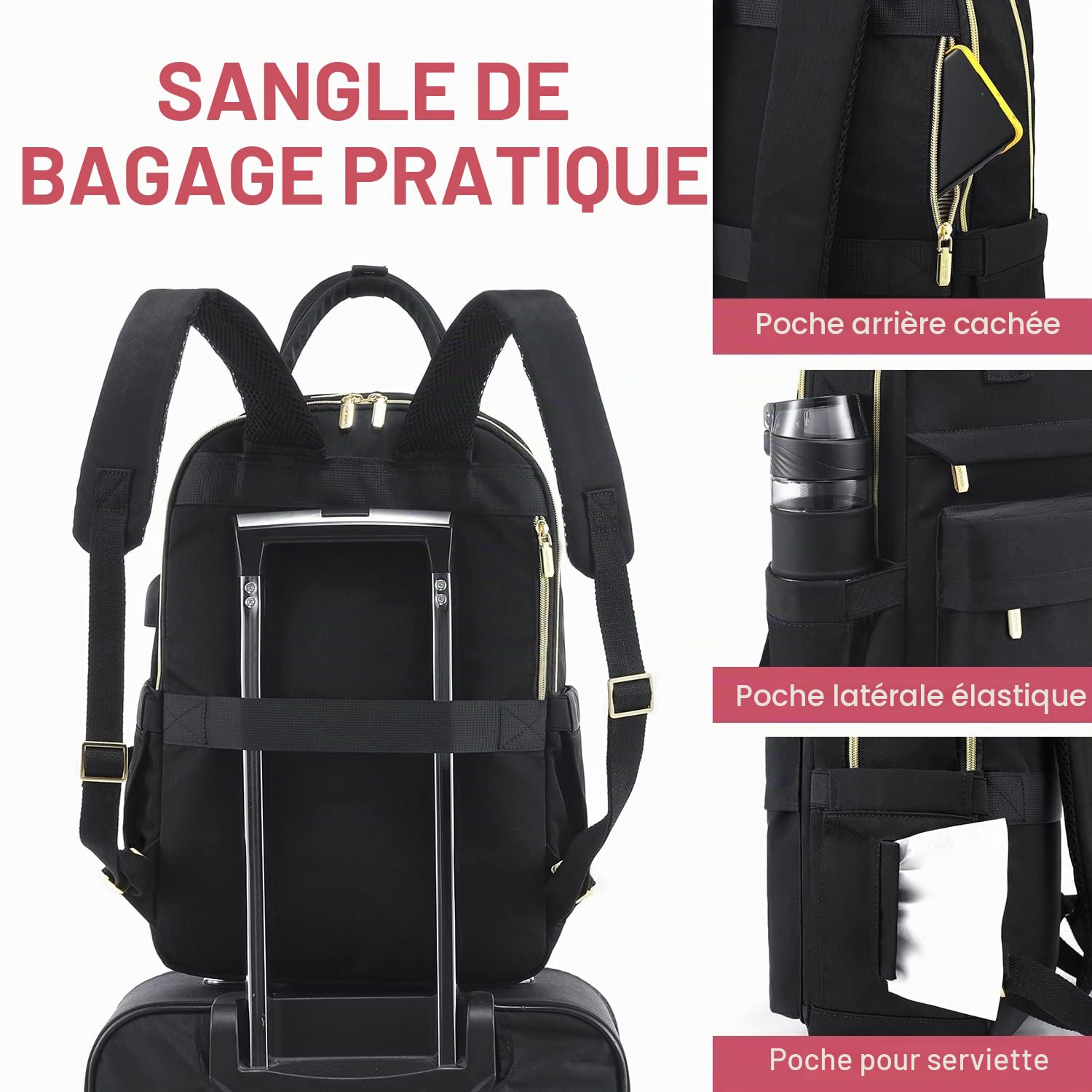 LOVEVOOK 15,6 Pouces Imperméable Sac à Dos Femme pour Prdinateur Portable Elegant Antivol Avec Port de Charge USB & PC Compartiment pour Collège Voyage Loisir Travail Affaire, Noir