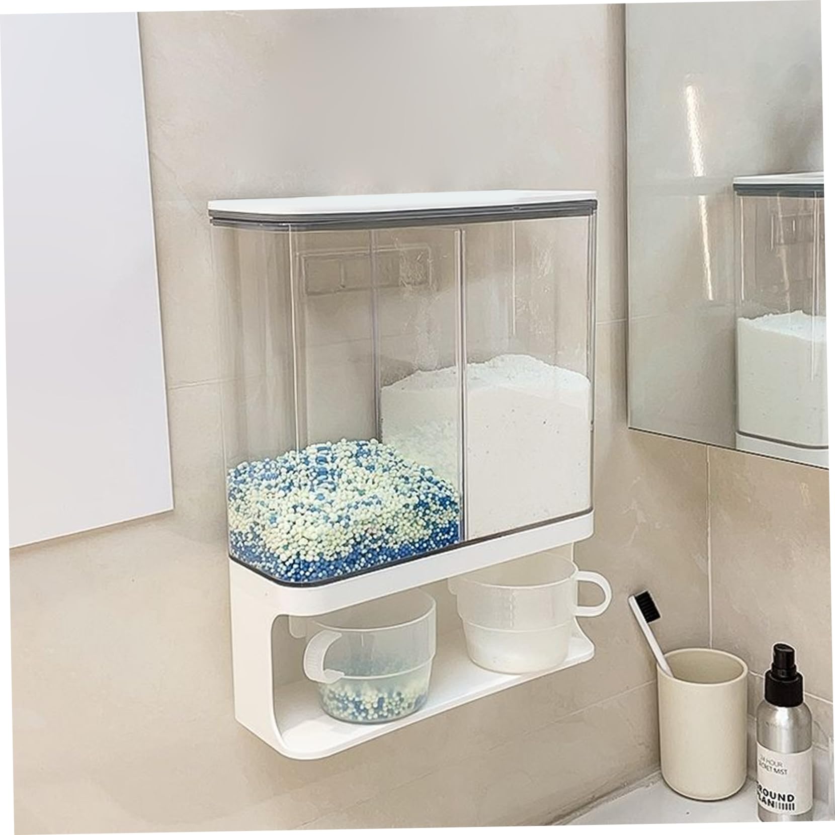 Dispensador de polvo para lavandería, 3000 ml, dispensador de detergente transparente impermeable a prueba de polvo, contenedor de polvo de lavandería montado en la pared con 2 tazas