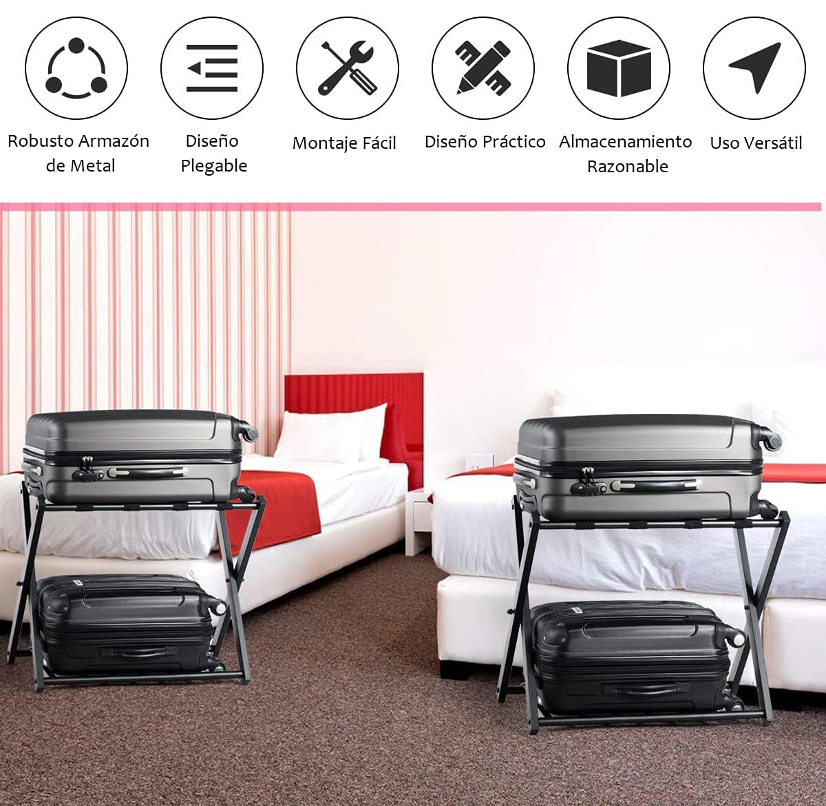 RELAX4LIFE Portaequipajes Metálicos de 2 Pisos, Estante Plegable de Equipaje para 2 Maletas, Soporte de Equipaje para Dormitorio y Hotel, Negro, 68x44x57cm (1 Paquete)