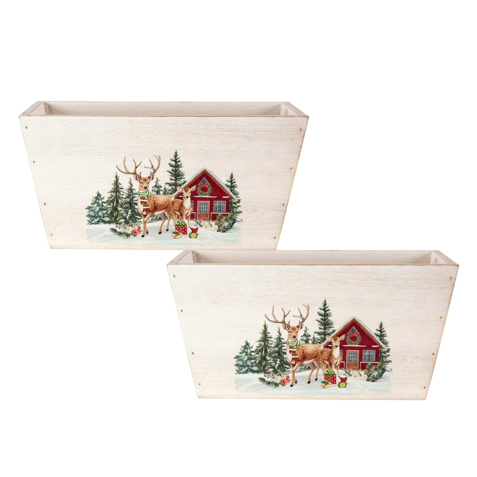 Fyne-Finds Wooden Trough Christmas Trees Deers Home Jungle Scene Plant Pot 25Cm,10Inch Xmas Festive Planter Gift (2)